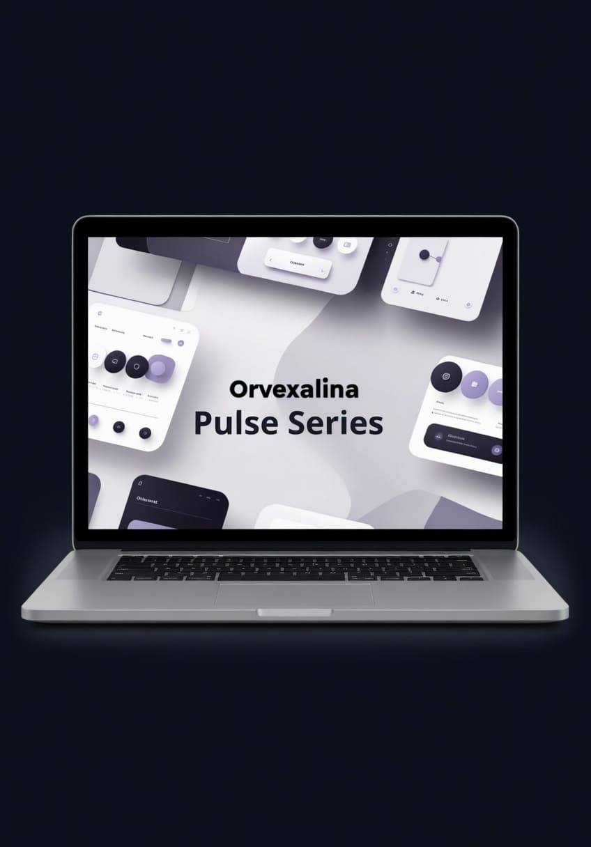 Laptop displaying 'Orvexalina Pulse Series' on a dark background